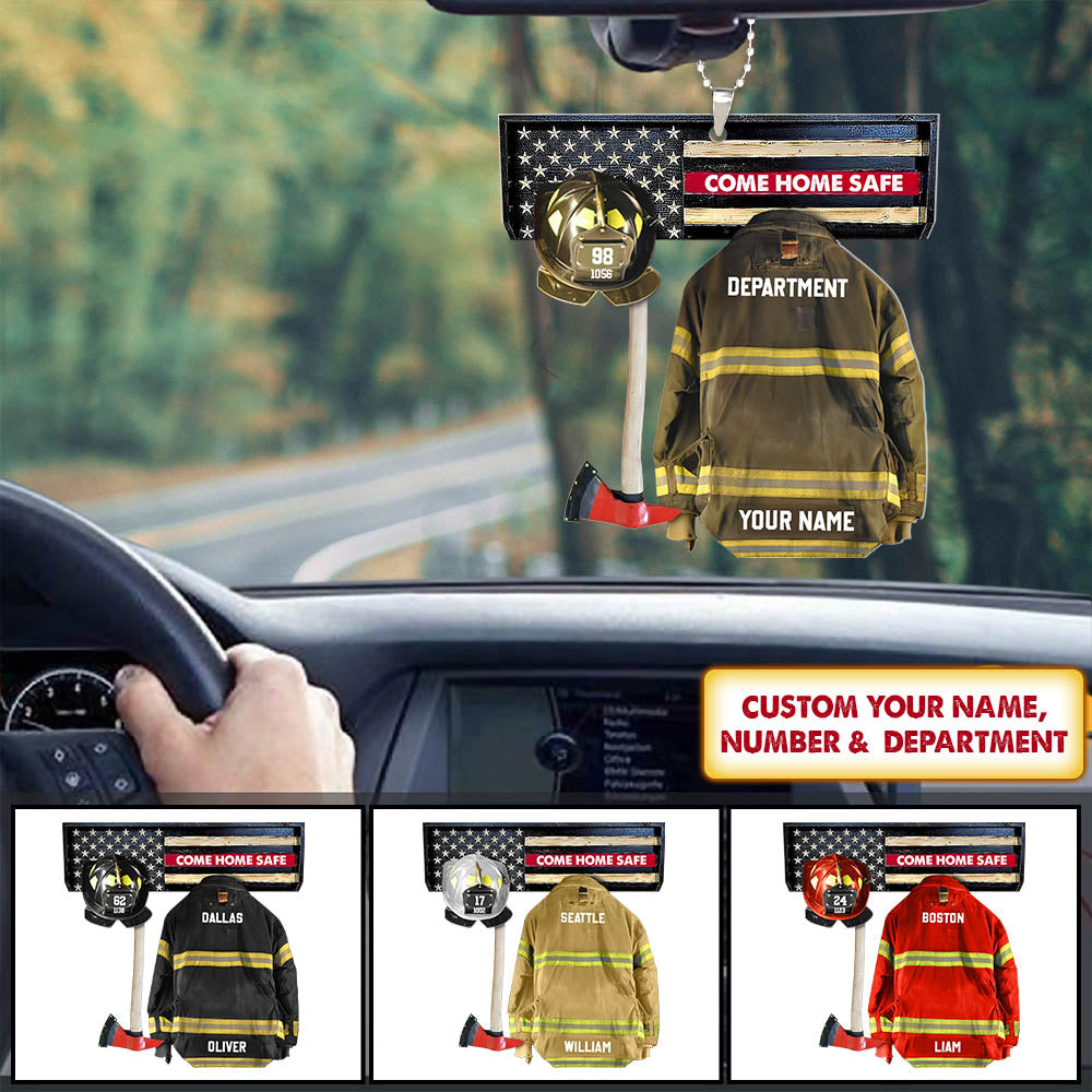 Come Home Safe Car Ornament, Firefighter Armor Custom Cut Shaped Acrylic Ornament Two Sides Print, Made By Acrylic And The 2 Sides Are The Same