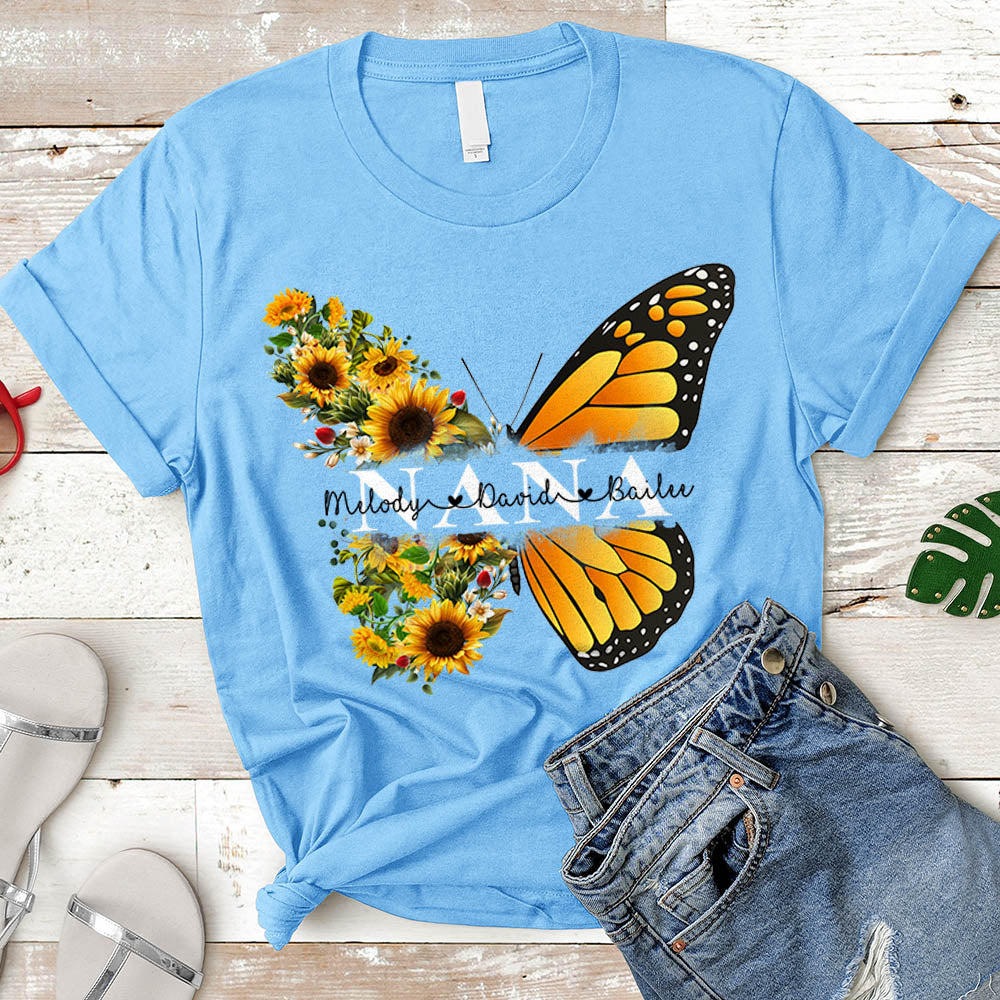 Personalized Nickname & Grandkid's Names Shirt Butterfly Sunflower | T-Shirt Vr2